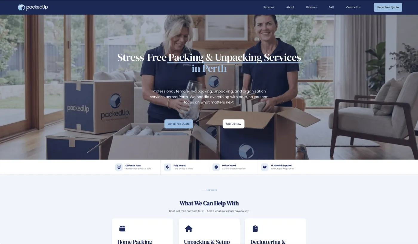 The PackedUp packing service website